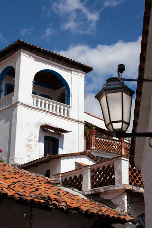 Street light at the beautiful colonial streets of the Magical Town of Taxco de Alarcon located in the Mexican state of Guerrero.の写真素材