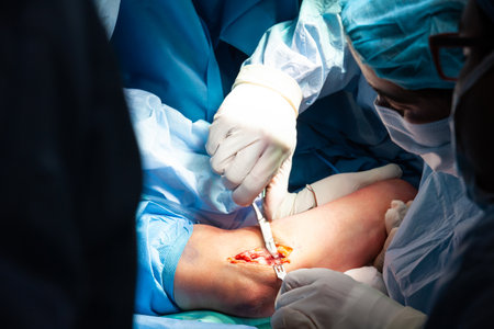 Female doctor performing a surgery. Orthopedic surgeon. Surgery and insurance concept.の写真素材