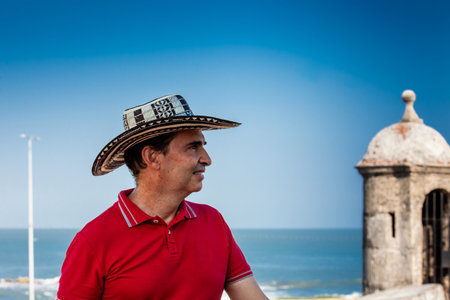 Male tourist wearing a hat vueltiao in Cartagena. Colombian people. Travel concept.の写真素材