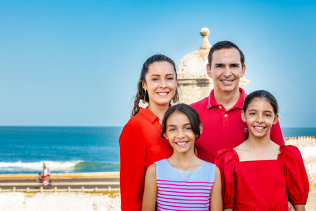 Young family of four traveling together. Family love concept. Travel concept. Cartagena de Indias.の写真素材