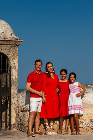 Young family of four traveling together. Family love concept. Travel concept. Cartagena de Indias.の写真素材
