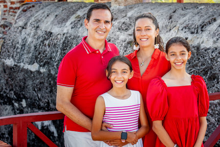 Young family of four traveling together. Family love concept. Travel concept. Cartagena de Indias.