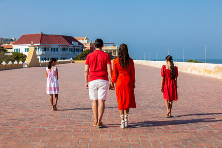 Young family of four traveling together. Family love concept. Travel concept. Cartagena de Indias.の写真素材
