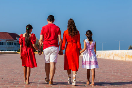 Young family of four traveling together. Family love concept. Travel concept. Cartagena de Indias.の写真素材