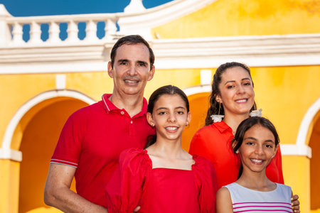 Young family of four traveling together. Family love concept. Travel concept. Cartagena de Indias.の写真素材