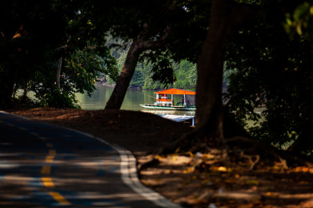 Non motorized ferry, called planchon, used by residents to cross the SinÃº River from one bank to the other in the city of MonterÃ­a, Colombia.の写真素材