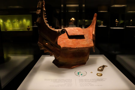 Bogota, Colombia - 30 January 2026. Offering in the form of a ceremonial house at the Museum of Gold...