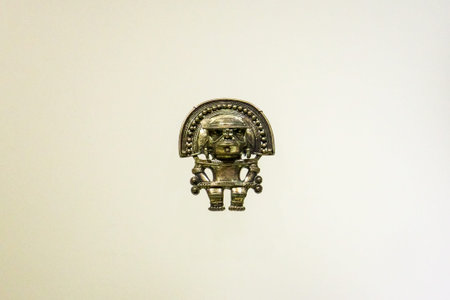 Bogota, Colombia - 30 January 2026. Anthropomorphic ornaments at the Museum of Gold an archaeology...