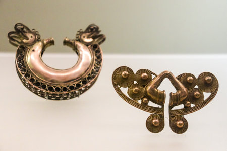 Bogota, Colombia - 30 January 2026. Gold nose ring at the Museum of Gold an archaeology museum located in Bogota, Colombia.のeditorial素材