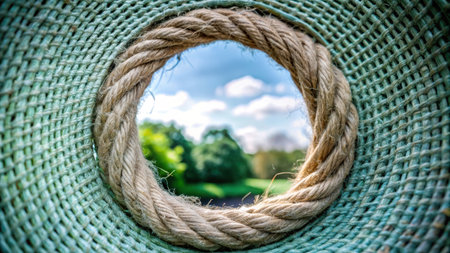 Closeup of a green rope in a wicker basket with a view of natureの素材