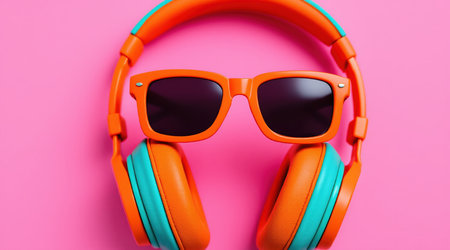 Orange headphones with sunglasses on pink background. Top view. Music conceptの素材