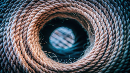 Close up of a coil of brown rope. Selective focus.の素材
