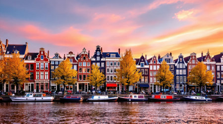 Colorful autumn in Amsterdam, Netherlands. Beautiful view of Amsterdam canals.の素材