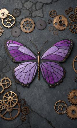 Butterfly made of gears and cogwheels on dark backgroundの素材
