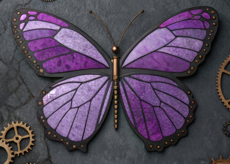 Purple butterfly with gears on a black background. 3d renderingの素材