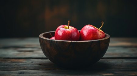 Red apples in a wooden bowl on a dark wooden background. Toned.の素材