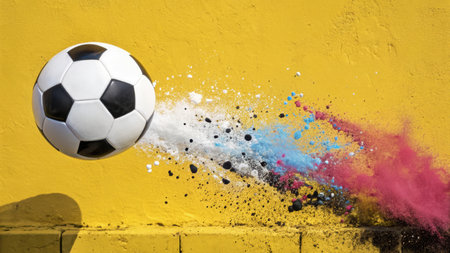Soccer ball and colorful powder splashes on a yellow wall.の素材