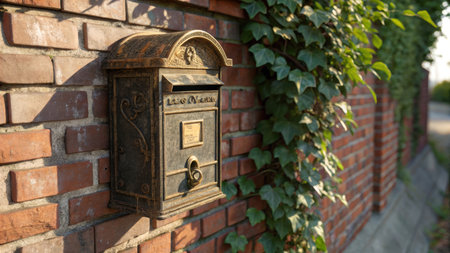 Old mailbox on a brick wall in the garden. Vintage style.の素材