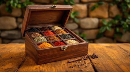 Assortment of spices in a wooden box on a wooden table.の素材