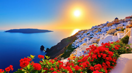 Beautiful sunset over Oia village on Santorini island, Greeceの素材