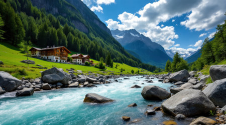 Mountain landscape with a mountain river in the foreground, Switzerland.の素材