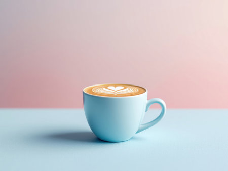 Cup of coffee with latte art on blue and pink backgroundの素材