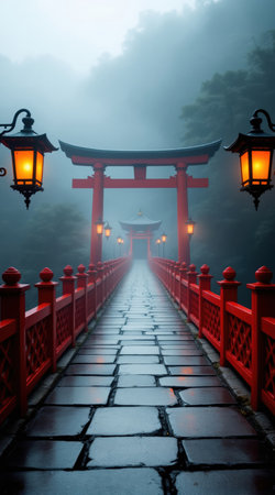 Red torii gate and lanterns in foggy morning at Fushimi Inari Shrine, Kyoto, Japanの素材