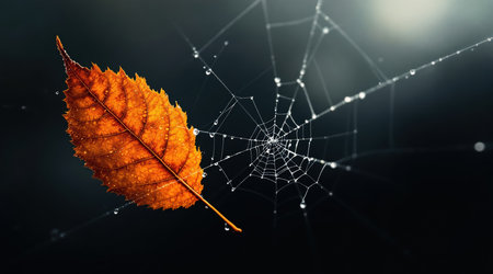 Autumn leaf and spider web on a dark background. Autumn conceptの素材