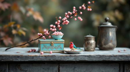 Vintage still life with bird in turquoise vase on old wooden tableの素材