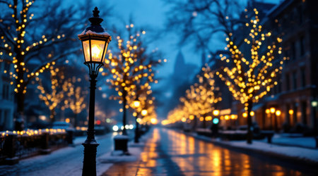 Street lamp at night in Riga, Latvia. Beautiful winter street with christmas lights.の素材