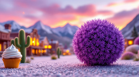 Cupcake and cactus on the background of the mountains.の素材