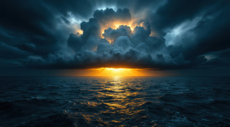 Dramatic sunset over the sea with dramatic clouds and sun raysの素材