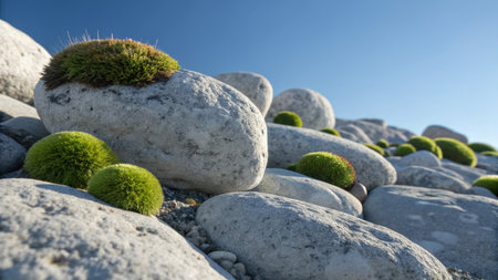 Stones on the beach with green grass and blue sky in the backgroundの素材