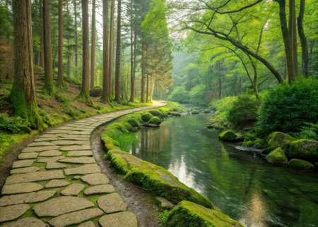 Mountain river in the forest with stone walkway in the morningの素材