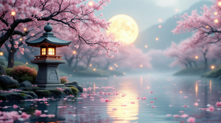 Japanese temple with cherry blossom and full moon, 3d renderingの素材