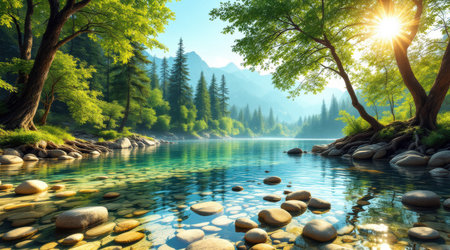 beautiful mountain lake in the middle of a forest with stones.の素材