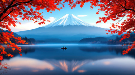 Fuji mountain and lake with red maple leaf background, Japan.の素材