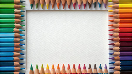 Color pencils and white paper sheet on white background, top viewの素材