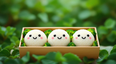 Cute smiley rice balls in wooden box on green grass backgroundの素材