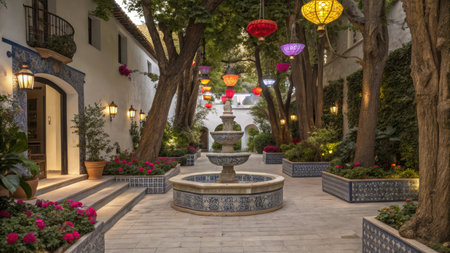 Lanterns in the courtyard of the house in the eveningの素材