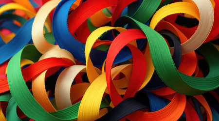 Multicolored paper ribbons background. 3d rendering, 3d illustration.の素材