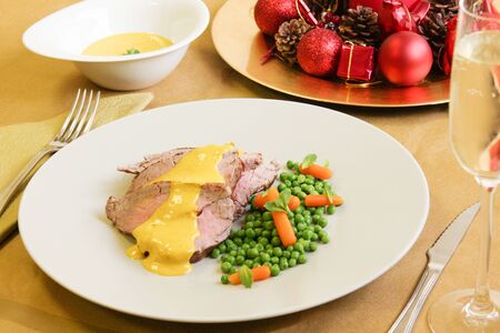 Menu navidea ? or meat with peasの写真素材