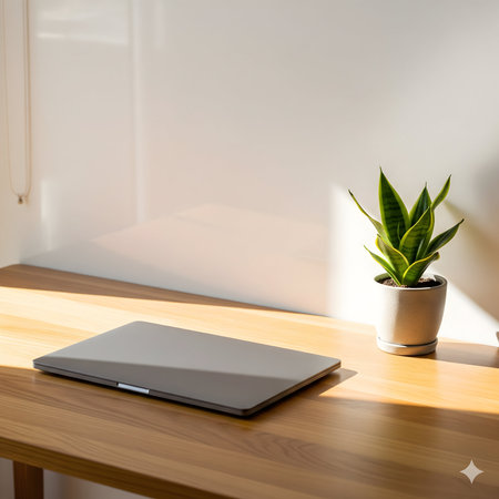 A closed laptop and a small potted plant sit on a wooden desk, bathed in warm sunlight casting shadows.の素材