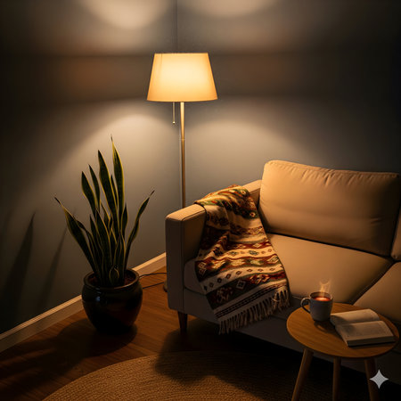 A warm, inviting corner of a living room featuring a floor lamp, a plush sofa with a blanket, and a small side table with a book.の素材