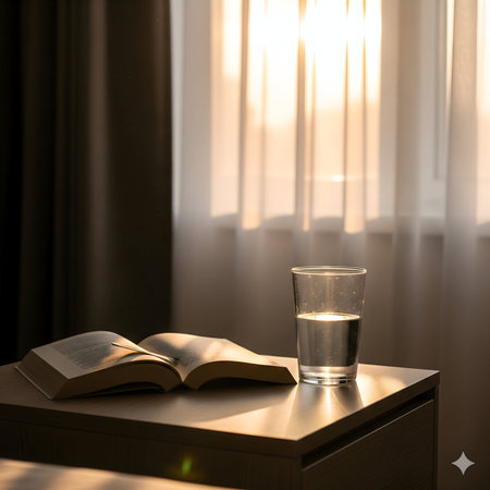 An open book and a glass of water sit on a table bathed in warm, soft light from a window.の素材