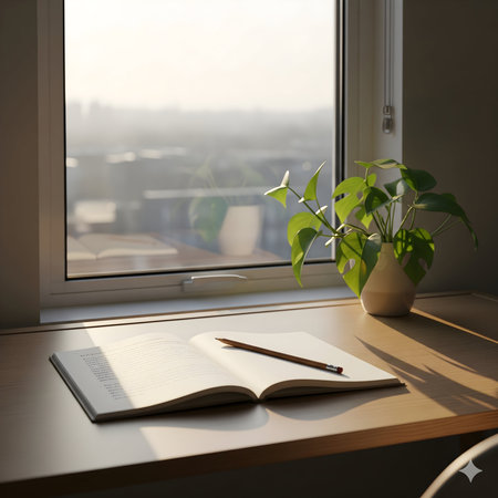 An open notebook and pencil rest on a wooden windowsill with a potted plant and a hazy city view outside.の素材