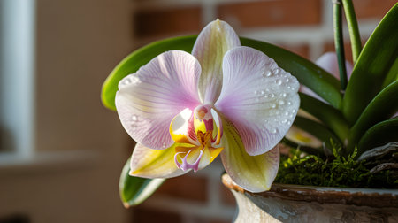A close-up of a beautiful orchid flower with soft pink and yellow hues, adorned with glistening water droplets, set against a blurred background.の素材
