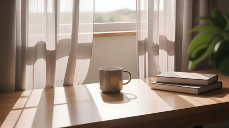 A metallic mug sits on a wooden desk bathed in soft sunlight filtering through sheer curtains, beside a stack of books.の素材