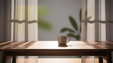 A warm mug of coffee sits on a wooden table, bathed in soft light filtering through sheer curtains.の素材