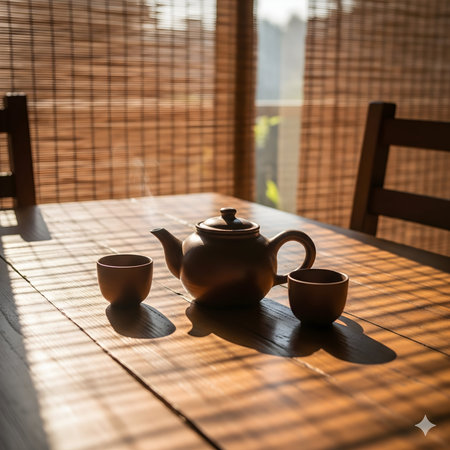 A traditional tea set with a teapot and two cups rests on a bamboo table, bathed in warm sunlight filtering through blinds.の素材